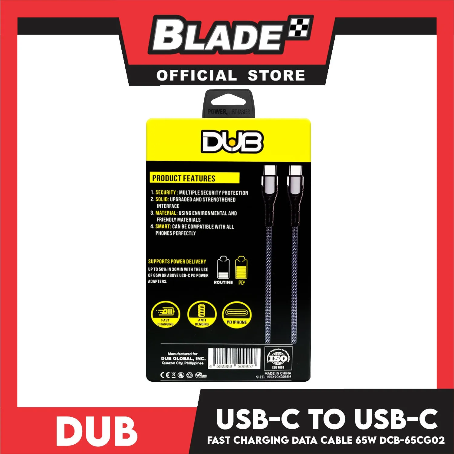 Dub USB-C TO USB-C Fast Charging and Anti-Bending Data Cable 65W Power Max DCB-65CG02