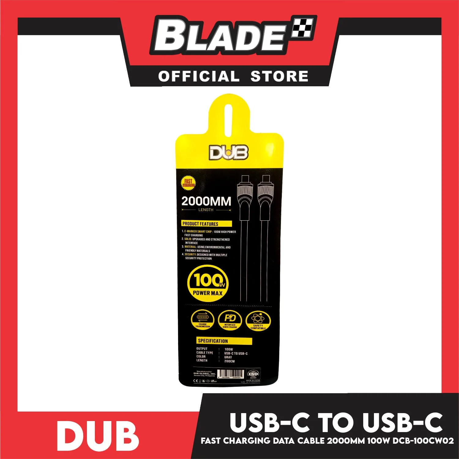 Dub USB-C to USB-C Fast Charging Data Cable 2000mm 100W DCB-100CW02