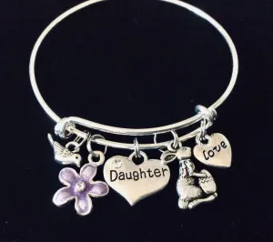Easter Gift for Daughter Easter Bunny Rabbit Purple Flower Expandable Charm Bracelet Silver Adjustable Wire Bangle Basket Gift