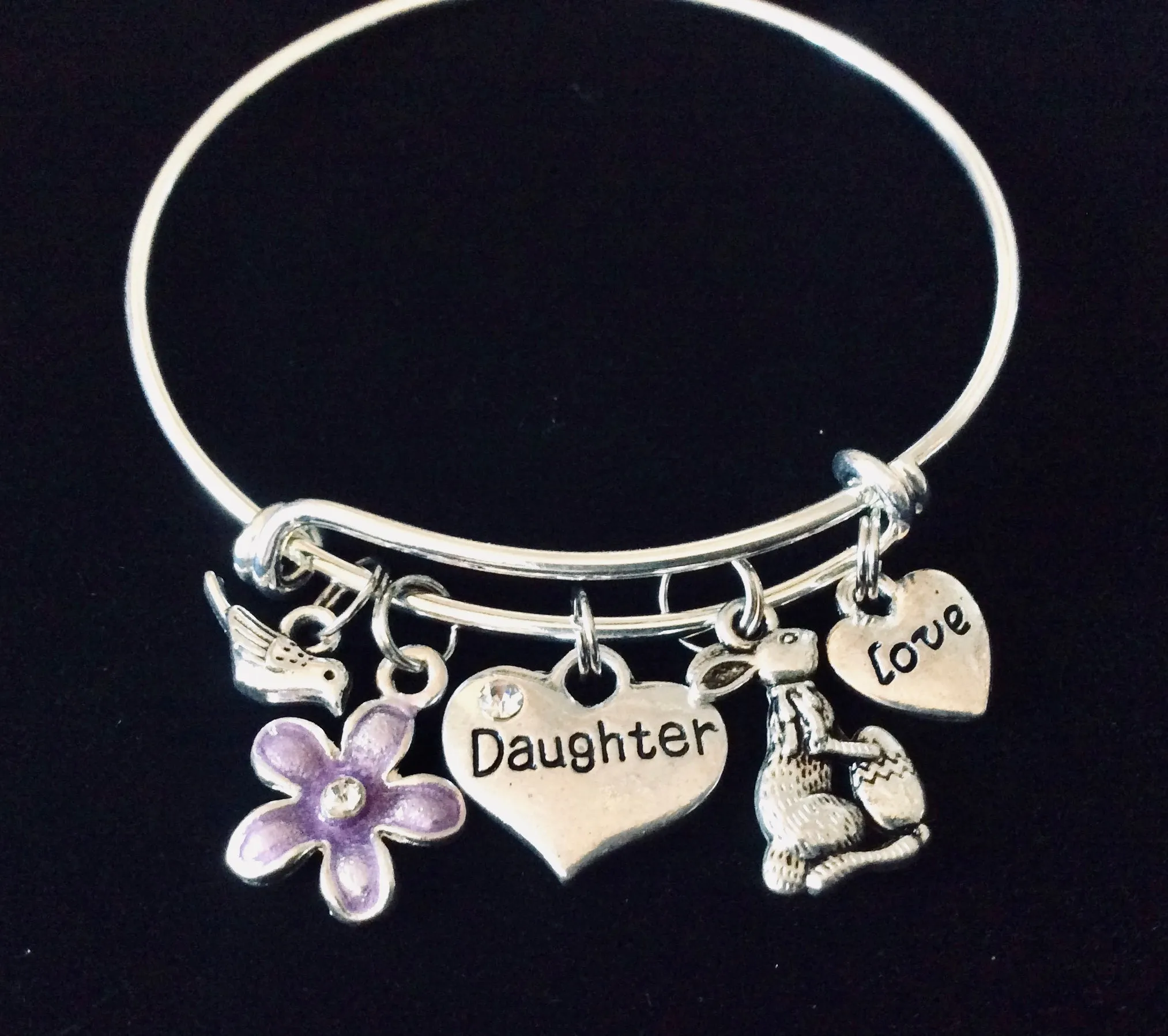 Easter Gift for Daughter Easter Bunny Rabbit Purple Flower Expandable Charm Bracelet Silver Adjustable Wire Bangle Basket Gift