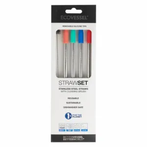 Ecovessel Stainless Steel Set of 4 Reusable Metal Straws w/ Silicone Tips & Cleaning Brush