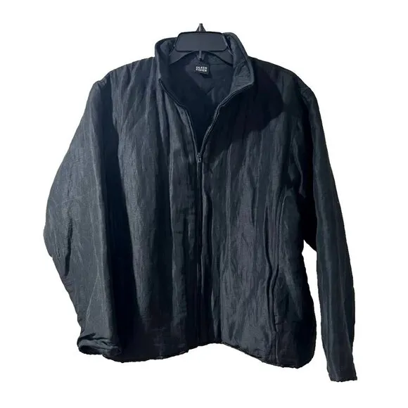 Eileen Fisher zip Jacket Women silk Open Front Pocket Black Casual XL A000085