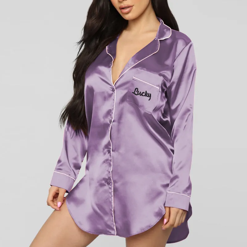 Embroidery Button Design Long Sleeve Pyjama Dress