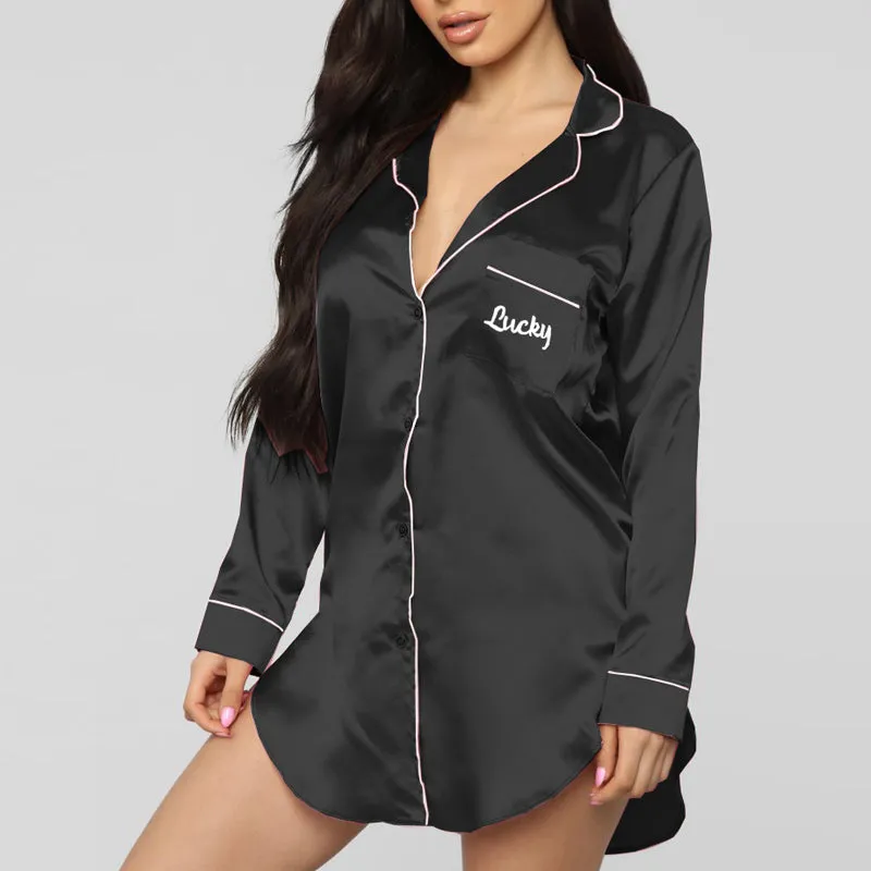 Embroidery Button Design Long Sleeve Pyjama Dress