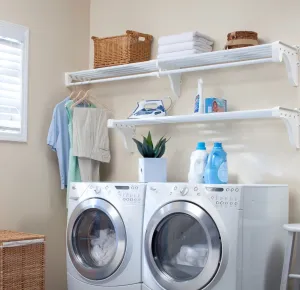 EZ Shelf - Expandable Laundry Room Organizer, up to 12.6 ft of Laundry Room Storage and 6.3 ft of Laundry Room Shelves(with Hanging Rod), White