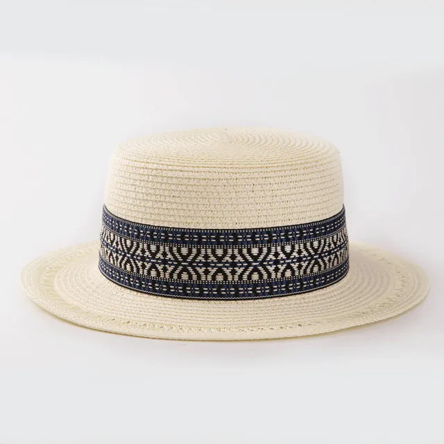 Flat Top Summer Straw Hat with Decorative Band
