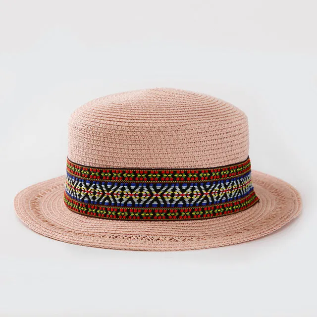 Flat Top Summer Straw Hat with Decorative Band