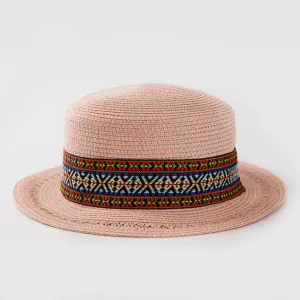 Flat Top Summer Straw Hat with Decorative Band