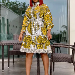 Floral Print Long Sleeve High Waist Big Swing Dress