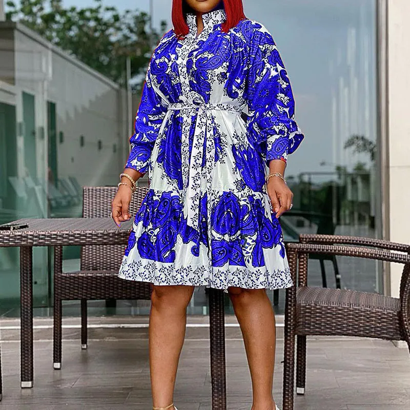 Floral Print Long Sleeve High Waist Big Swing Dress