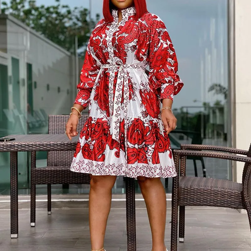 Floral Print Long Sleeve High Waist Big Swing Dress