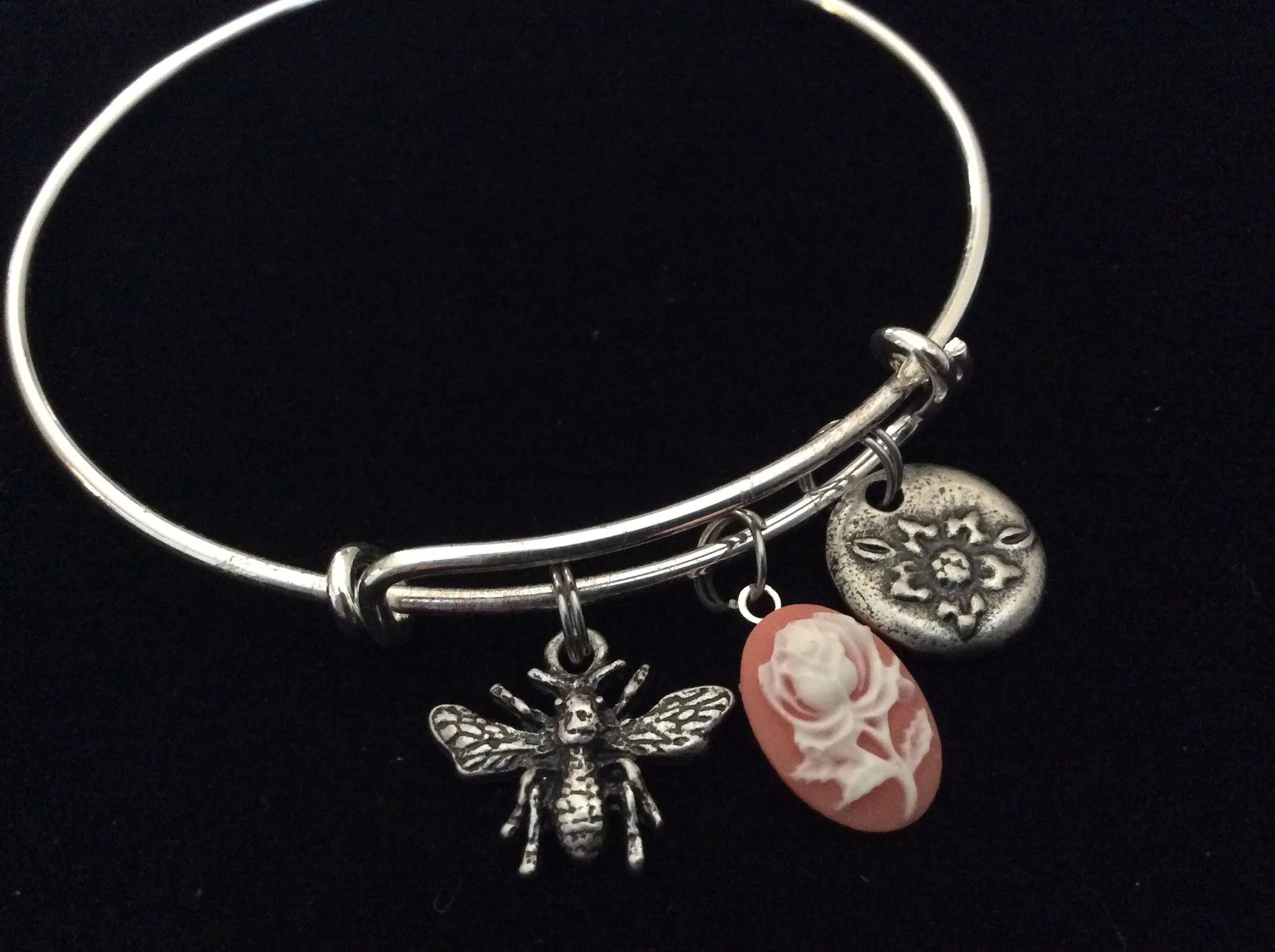 Flower Cameo with Bee Charm on a Silver Plated Expandable Bracelet Wire Bangle Meaningful Gift Adjustable Stacking Trendy