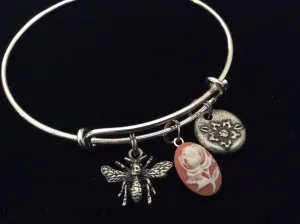 Flower Cameo with Bee Charm on a Silver Plated Expandable Bracelet Wire Bangle Meaningful Gift Adjustable Stacking Trendy