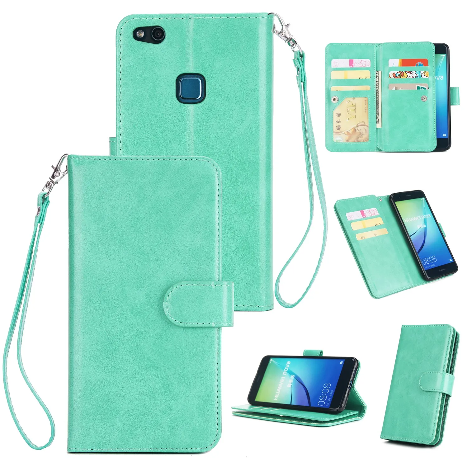 For HUAWEI P10 Lite Leather Protective Phone Case with 9 Card Position Buckle Bracket Lanyard brown