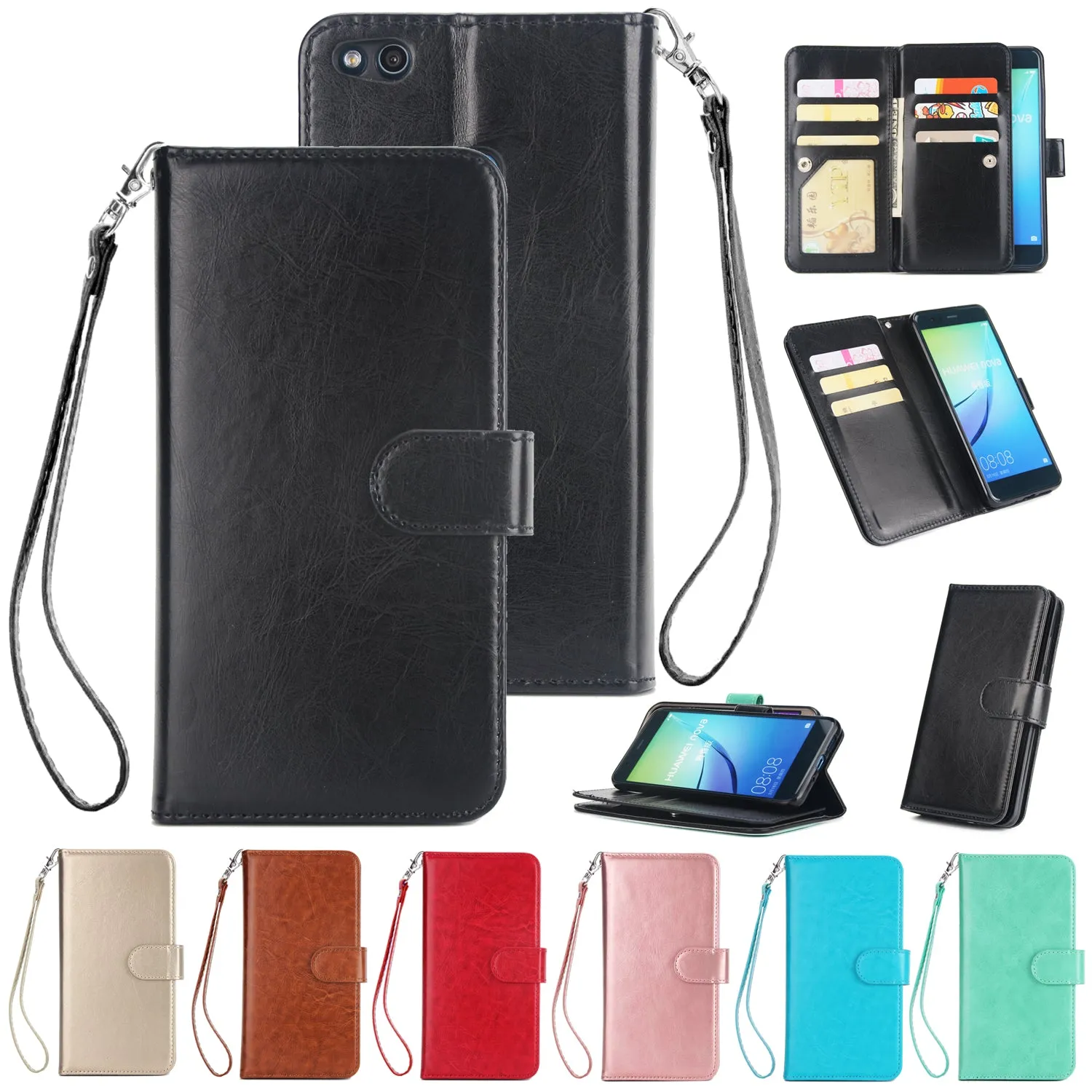 For HUAWEI P10 Lite Leather Protective Phone Case with 9 Card Position Buckle Bracket Lanyard brown