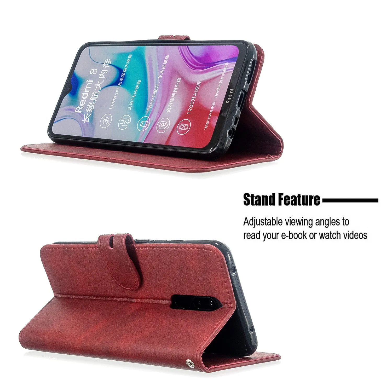 For Redmi Note 8T/Redmi 8/Redmi 8A Case Soft Leather Cover with Denim Texture Precise Cutouts Wallet Design Buckle Closure Smartphone Shell  red