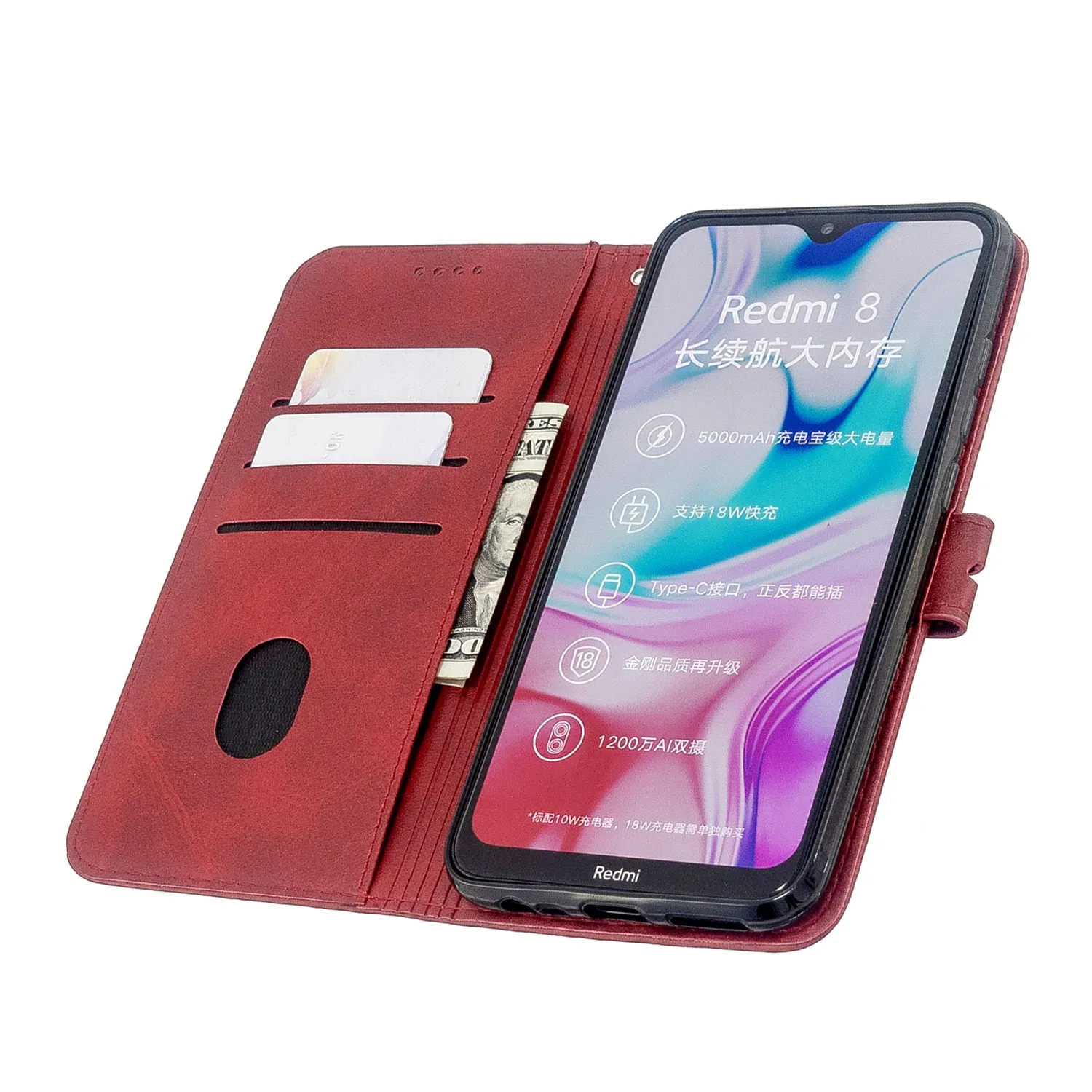For Redmi Note 8T/Redmi 8/Redmi 8A Case Soft Leather Cover with Denim Texture Precise Cutouts Wallet Design Buckle Closure Smartphone Shell  red