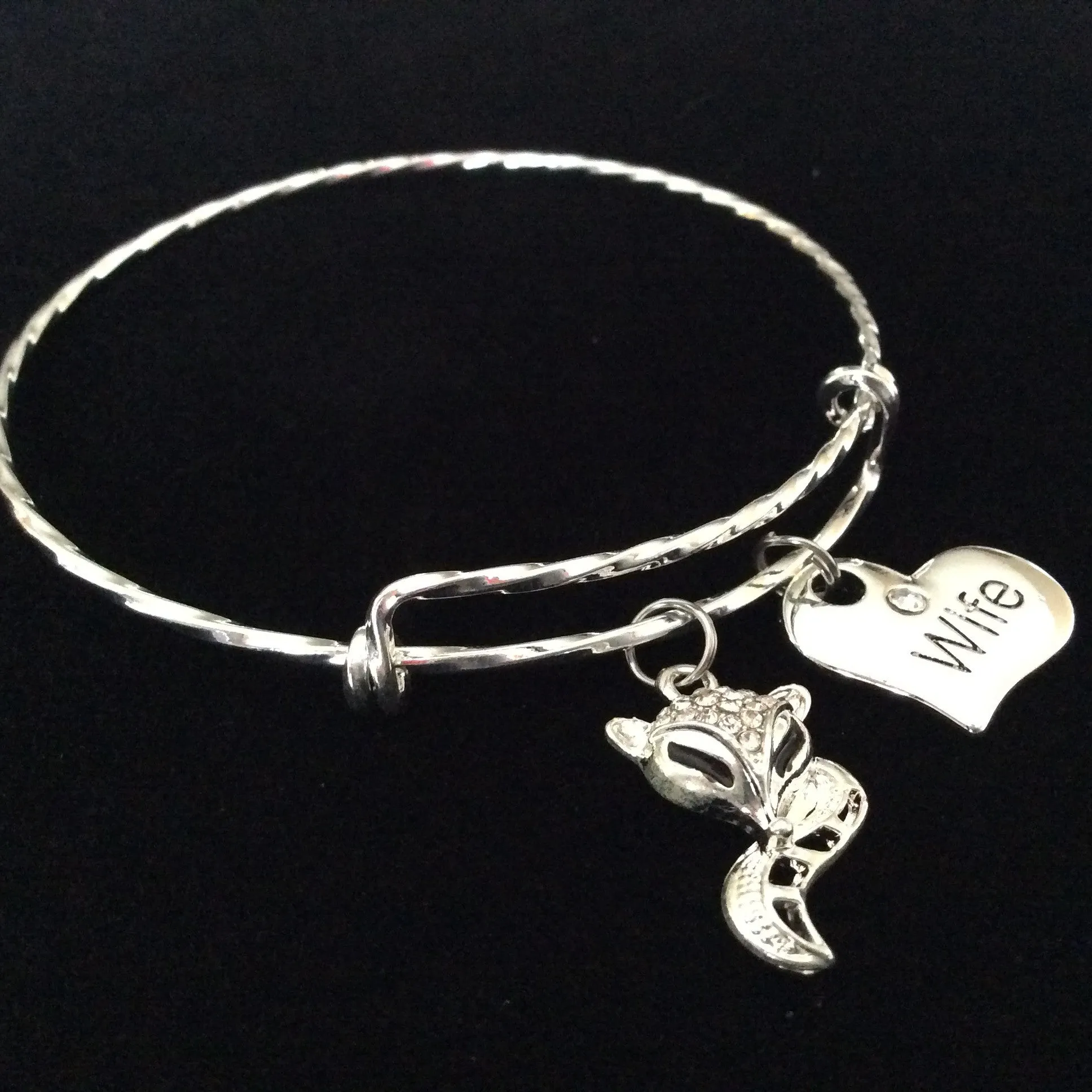 Foxy Wife Expandable Charm Bracelet Double Sided Heart Charm with Crystal Adjustable Twisted Wire Bangle Stacking Handmade Trendy Gift Anniversary
