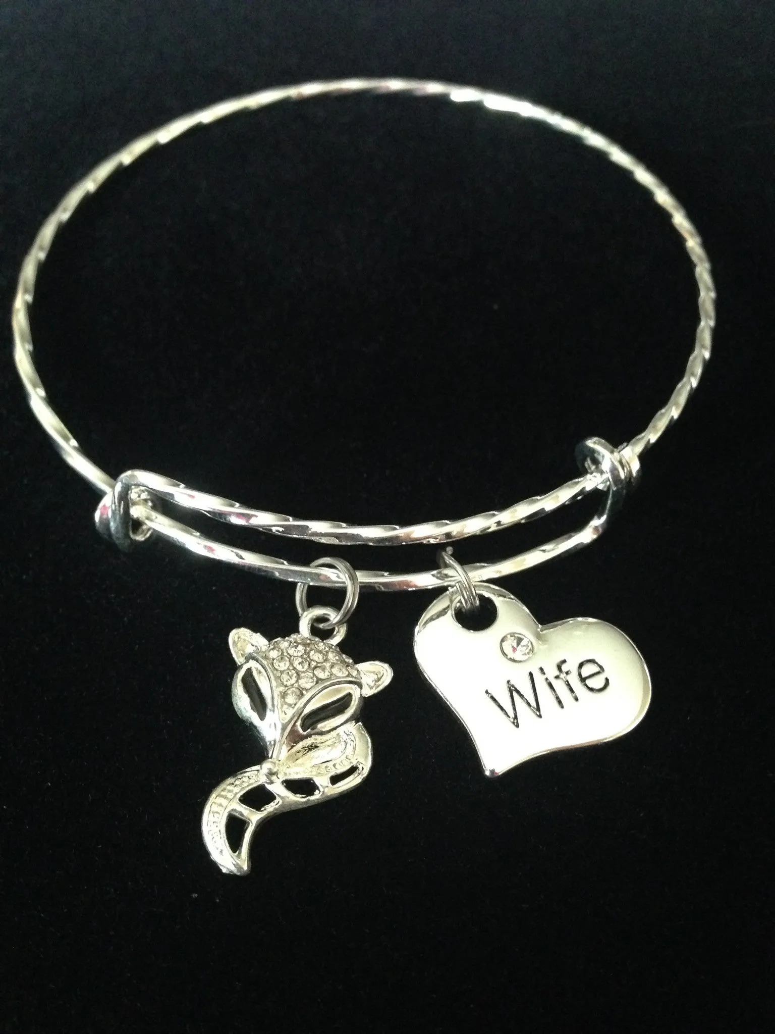 Foxy Wife Expandable Charm Bracelet Double Sided Heart Charm with Crystal Adjustable Twisted Wire Bangle Stacking Handmade Trendy Gift Anniversary