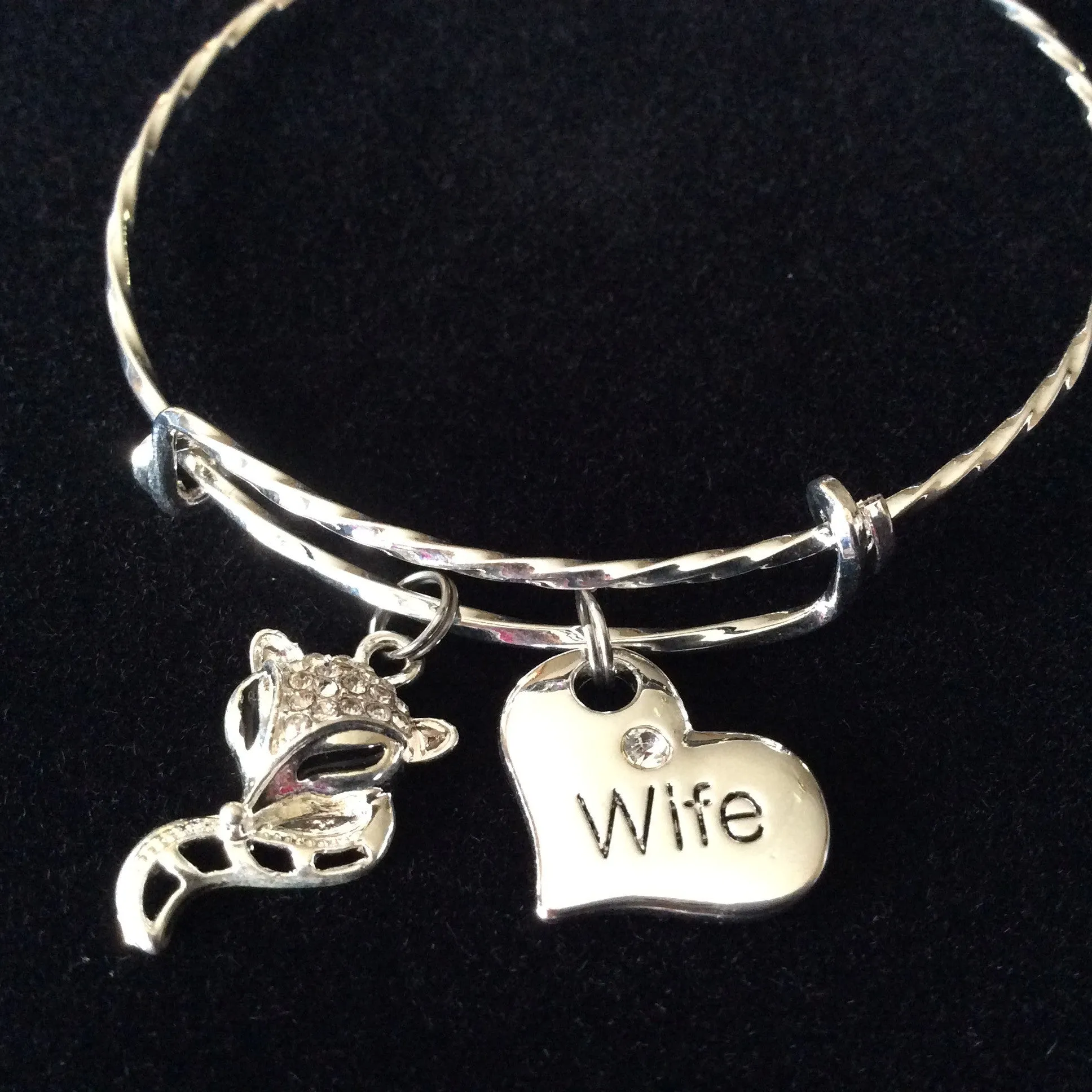Foxy Wife Expandable Charm Bracelet Double Sided Heart Charm with Crystal Adjustable Twisted Wire Bangle Stacking Handmade Trendy Gift Anniversary