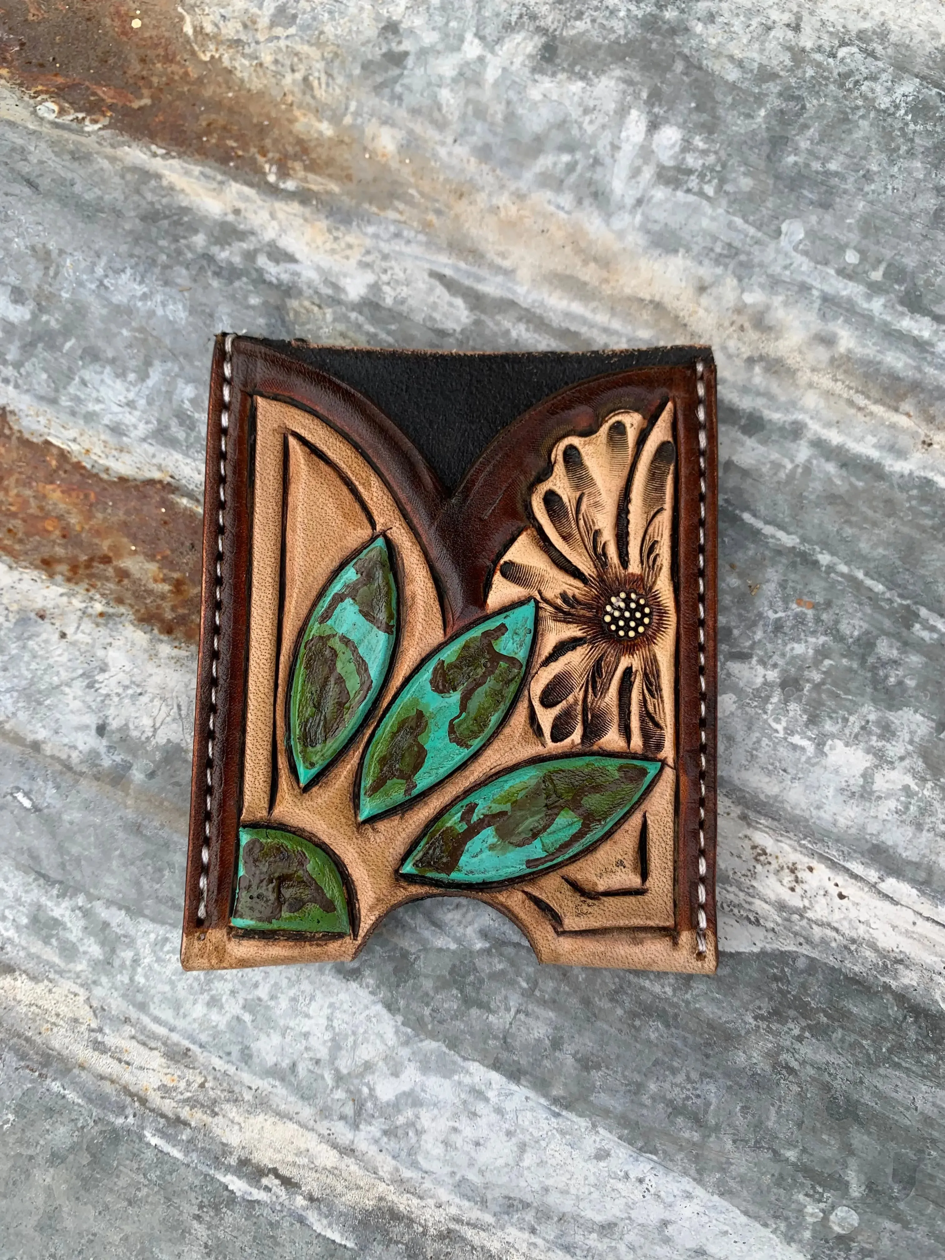 Front Pocket Hand Tooled Leather Wallet with a Turquoise Sun and Flower