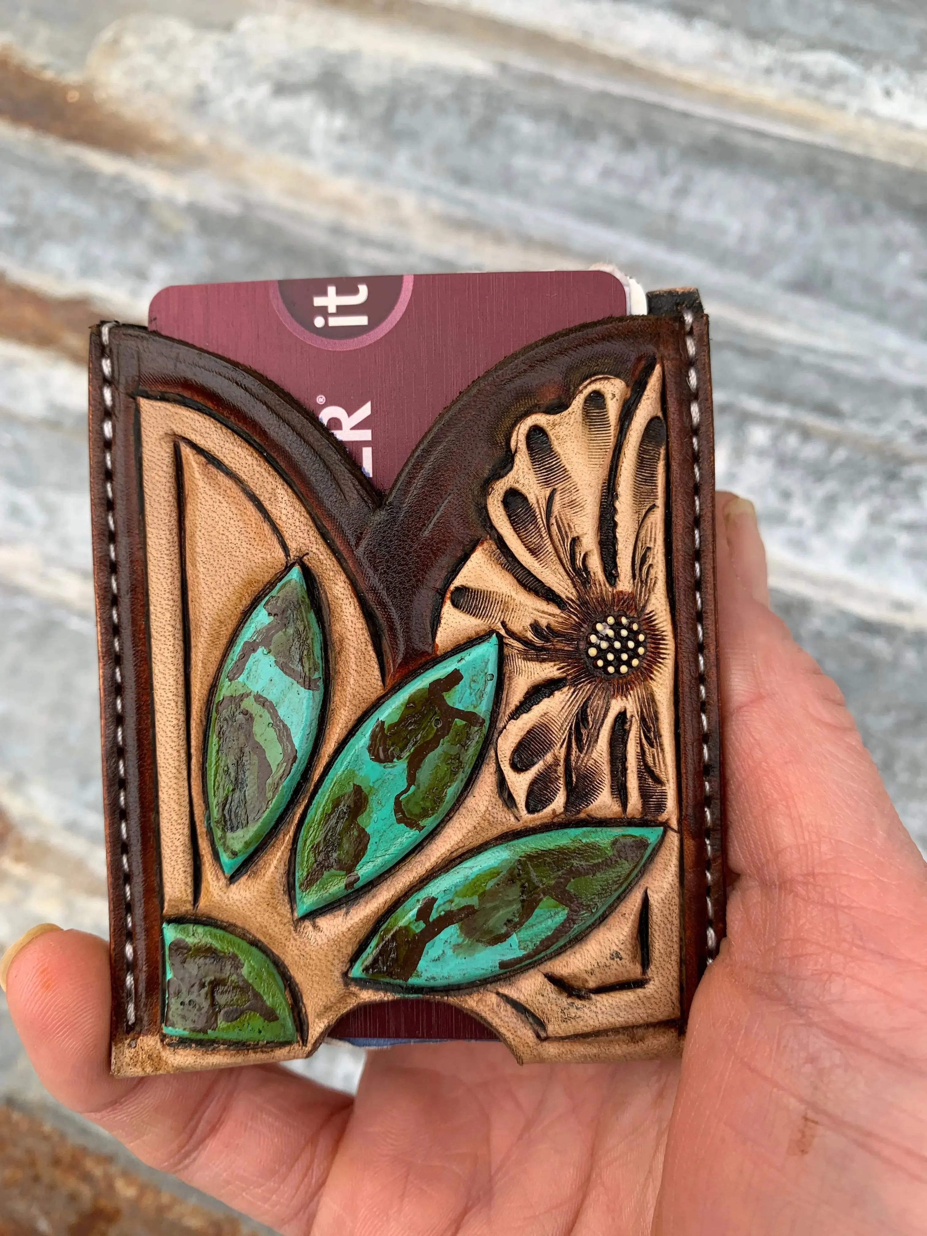 Front Pocket Hand Tooled Leather Wallet with a Turquoise Sun and Flower