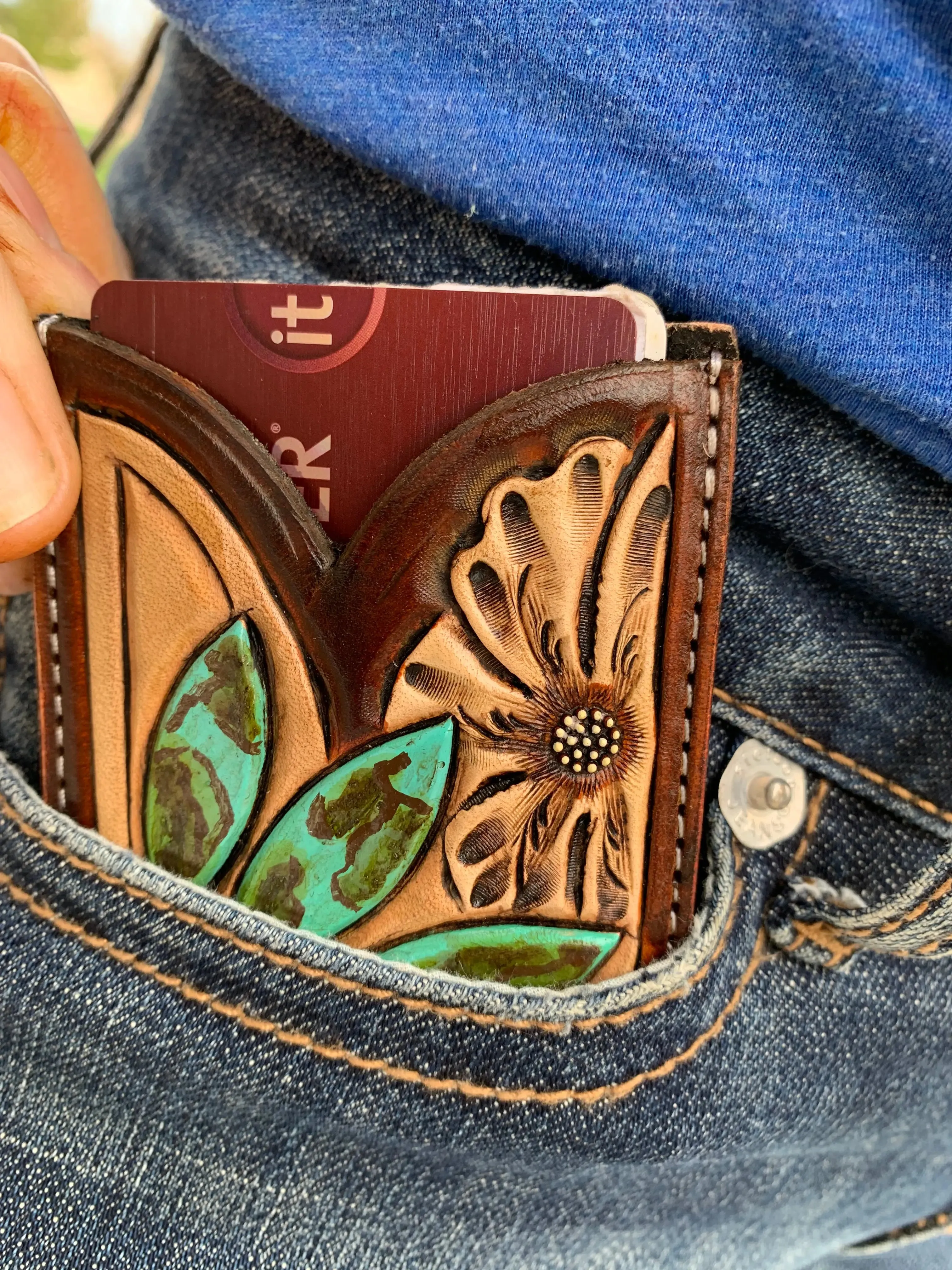 Front Pocket Hand Tooled Leather Wallet with a Turquoise Sun and Flower