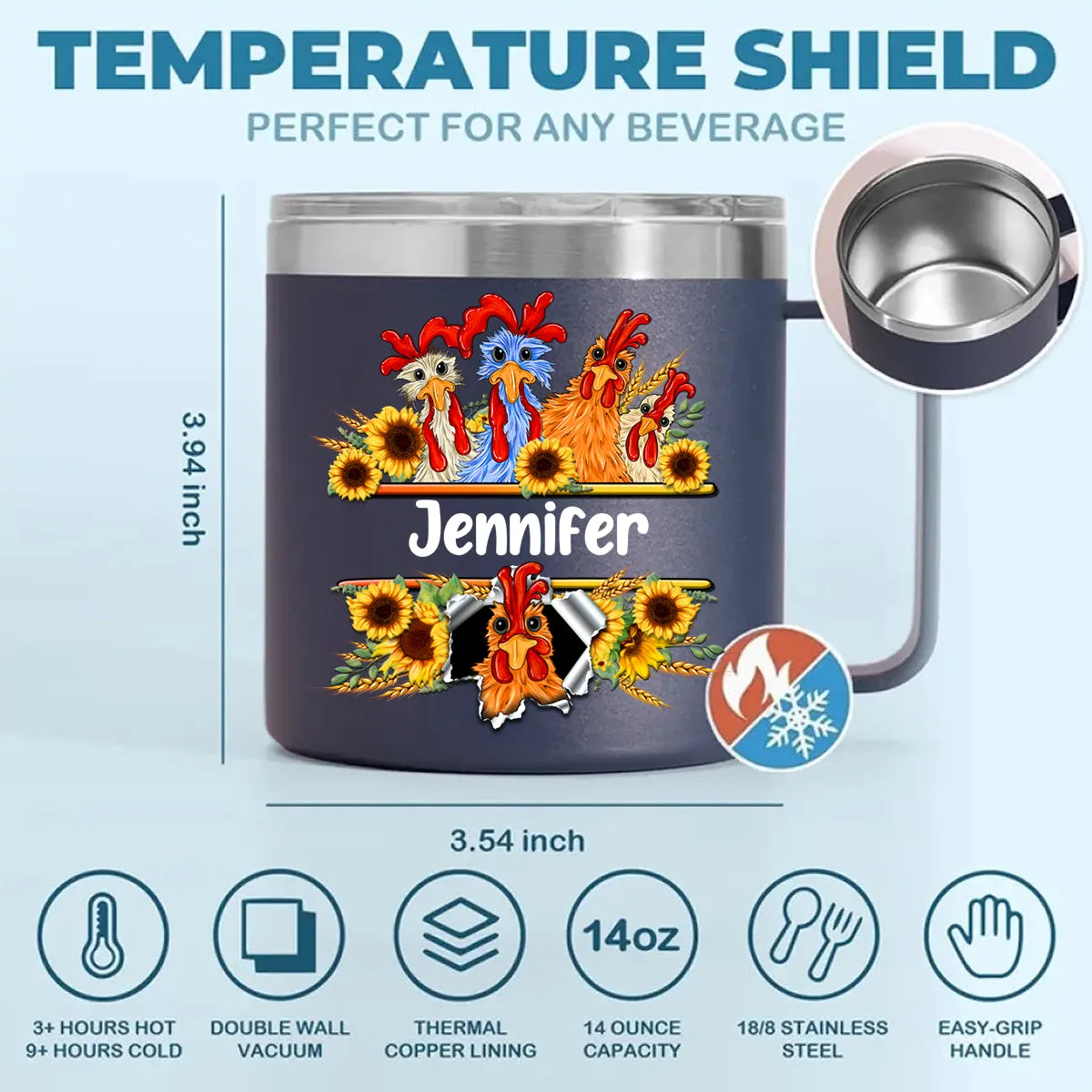 Funny Chicken Custom 14oz Stainless Steel Tumbler With Handle