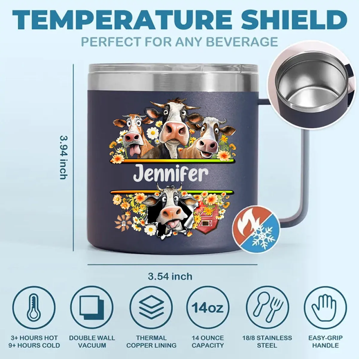 Funny Cow Custom 14oz Stainless Steel Tumbler With Handle