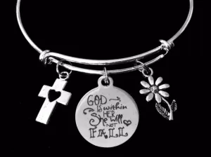 God in Within Her She Will Not Fall Adjustable Bracelet Silver Expandable Charm Bangle One Size Fits All Inspirational Gift Cross Daisy Flower