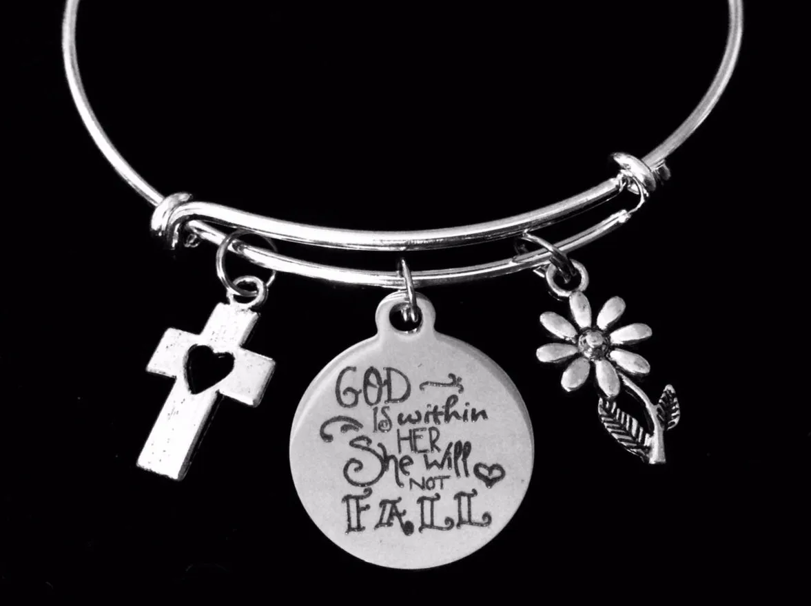 God in Within Her She Will Not Fall Adjustable Bracelet Silver Expandable Charm Bangle One Size Fits All Inspirational Gift Cross Daisy Flower