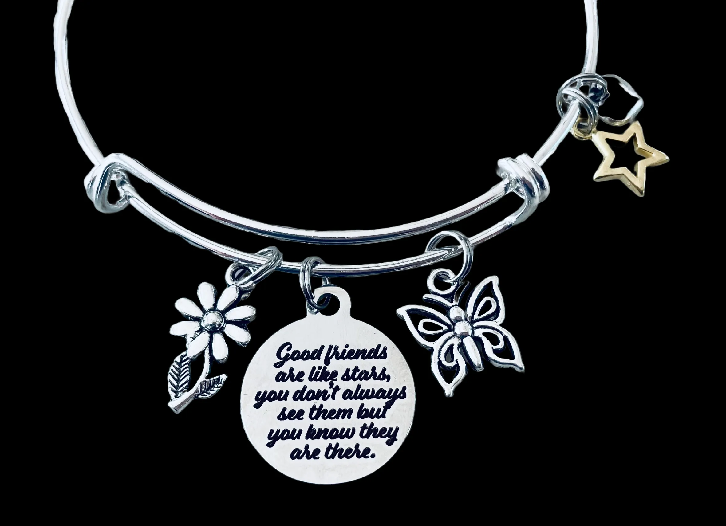 Good Friends Are Like Stars Always There Expandable Charm Bracelet Adjustable Silver Bangle Trendy One Size Fits All Gift BFF Jewelry