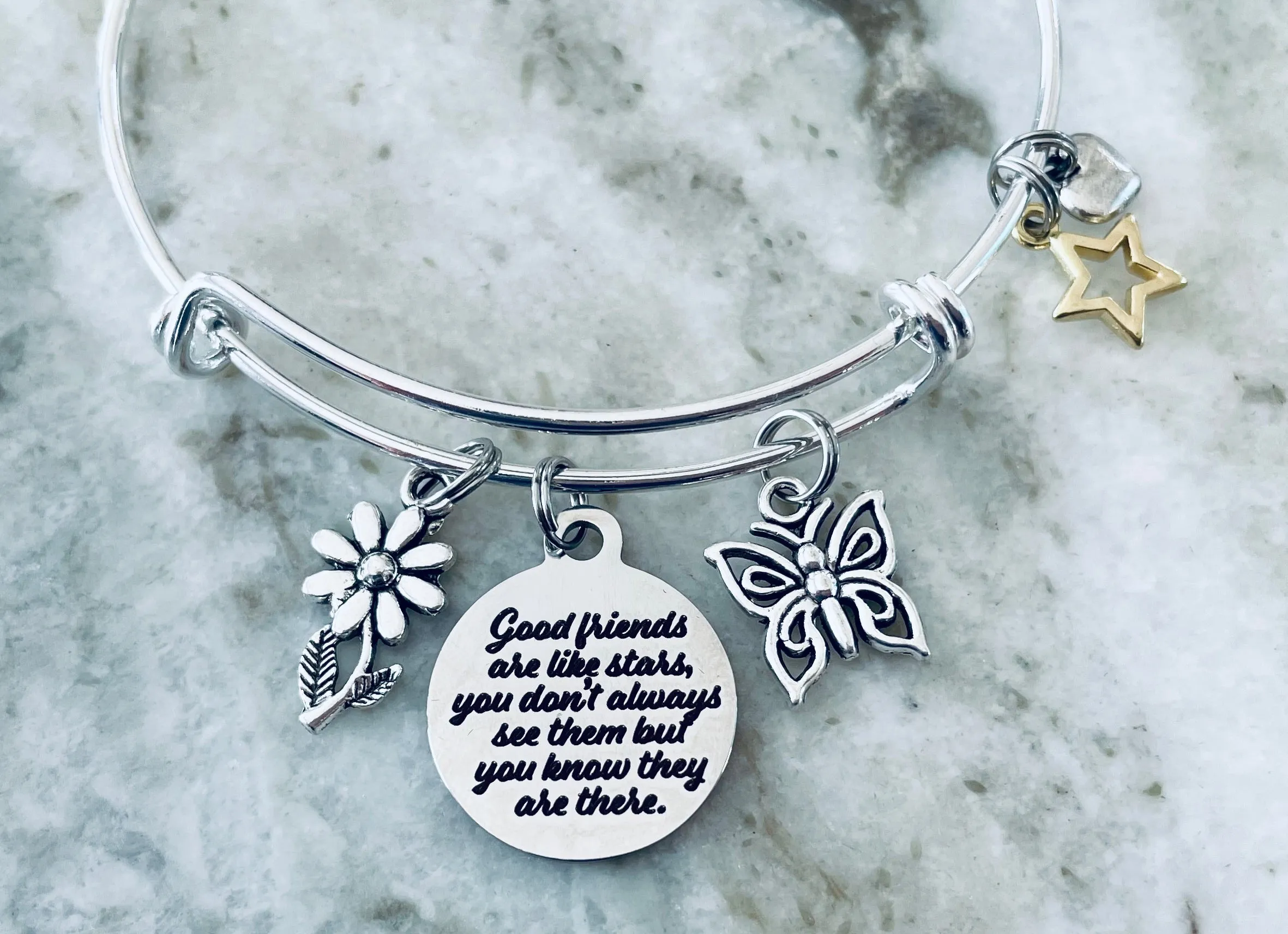 Good Friends Are Like Stars Always There Expandable Charm Bracelet Adjustable Silver Bangle Trendy One Size Fits All Gift BFF Jewelry