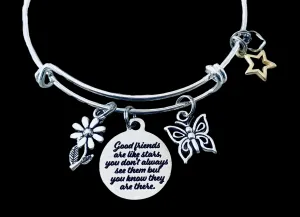 Good Friends Are Like Stars Always There Expandable Charm Bracelet Adjustable Silver Bangle Trendy One Size Fits All Gift BFF Jewelry