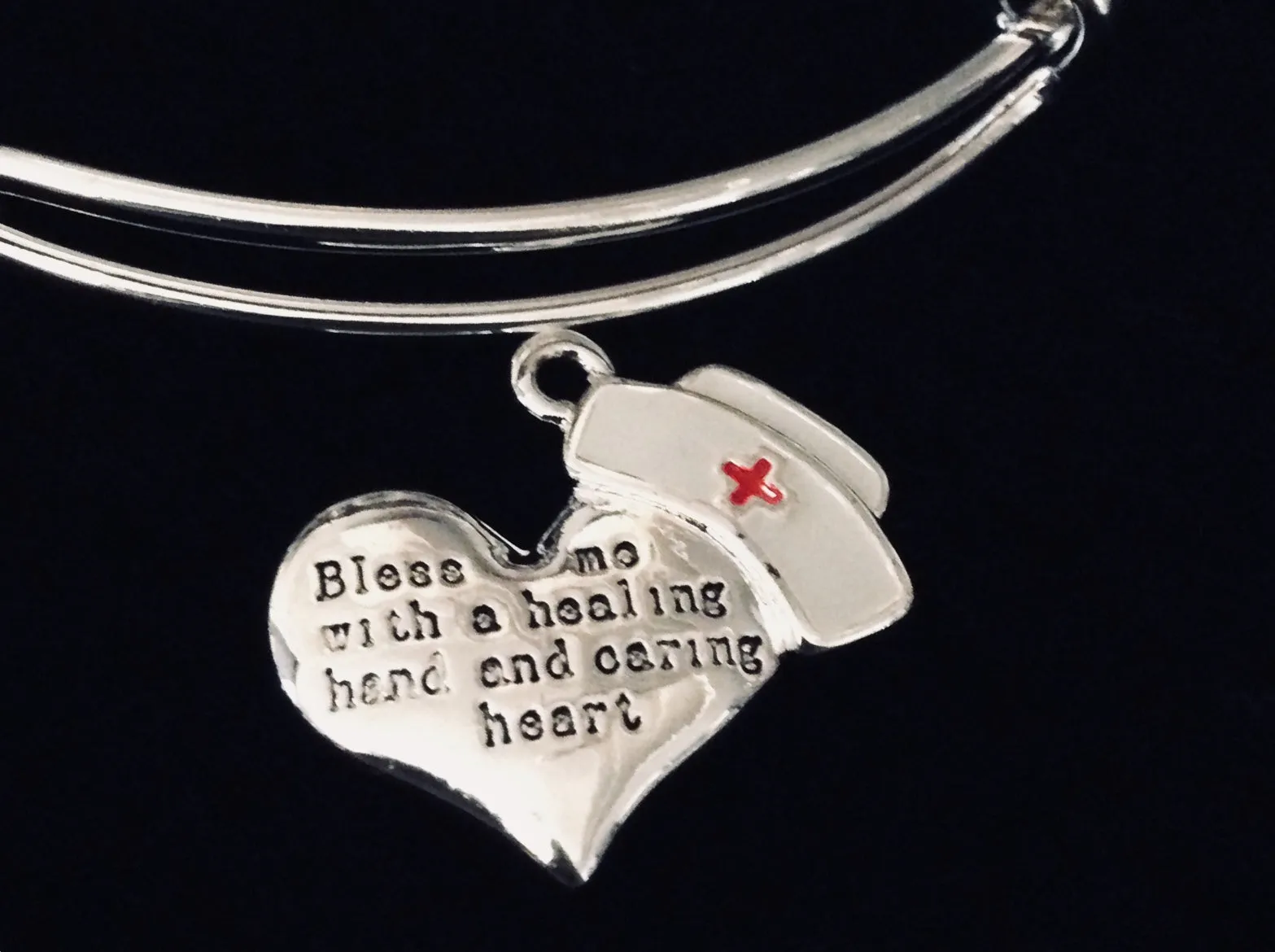 Graduating RN Cap and Dipolma Nurse Prayer Jewelry Adjustable Bracelet Silver Expandable Charm Bangle One Size Fits All Blessing Pinning Gift