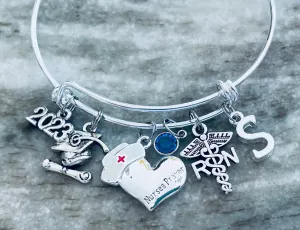 Graduating RN Cap and Dipolma Nurse Prayer Jewelry Adjustable Bracelet Silver Expandable Charm Bangle One Size Fits All Blessing Pinning Gift