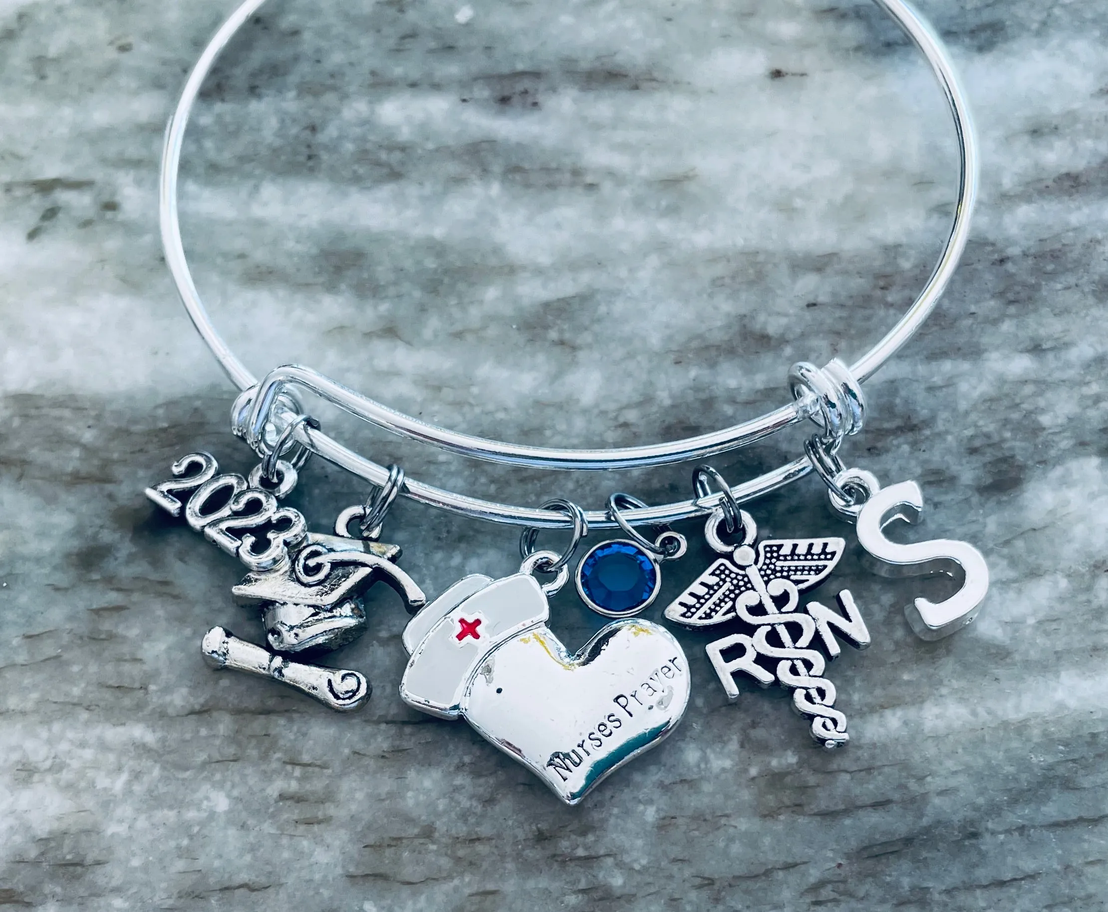 Graduating RN Cap and Dipolma Nurse Prayer Jewelry Adjustable Bracelet Silver Expandable Charm Bangle One Size Fits All Blessing Pinning Gift