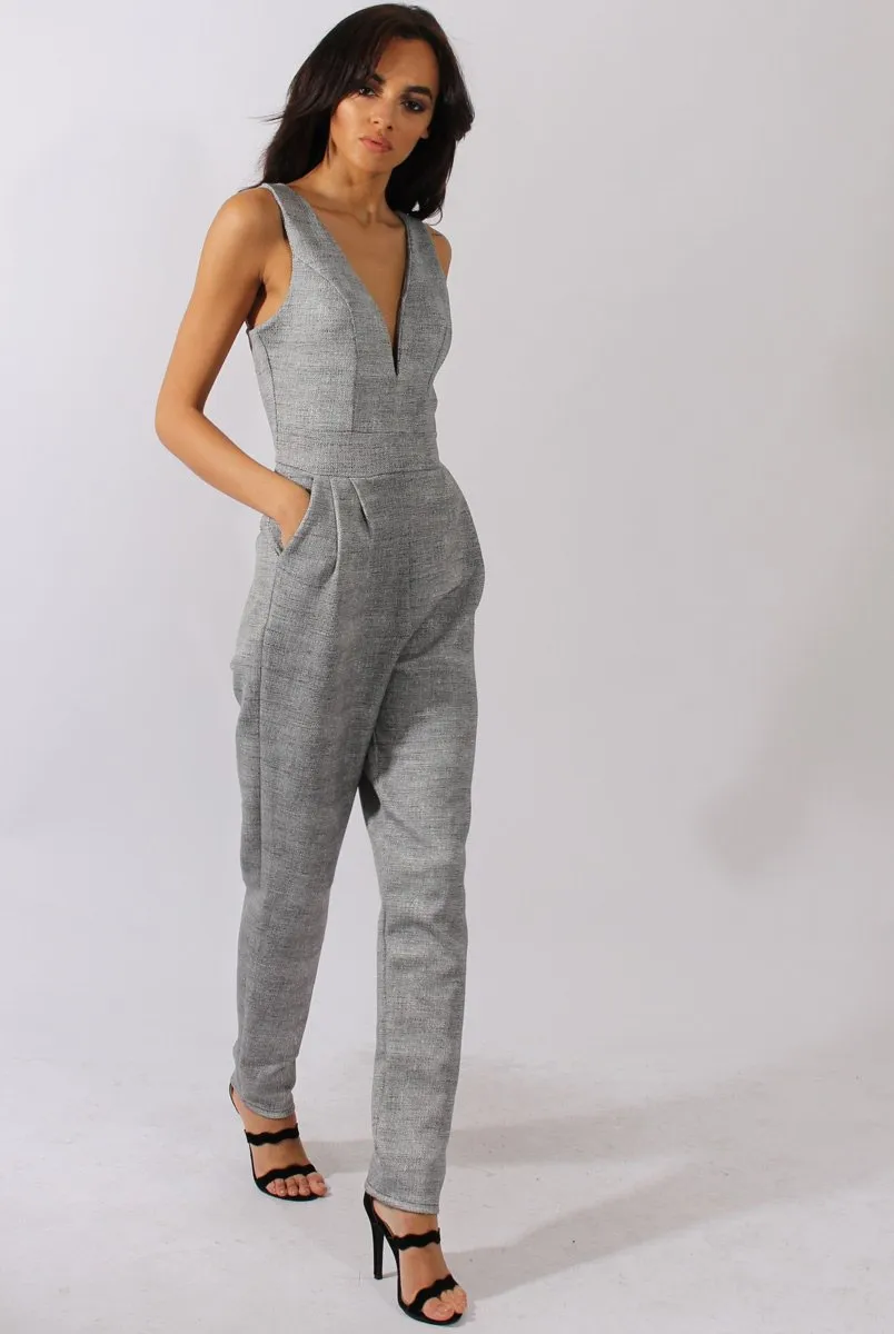 Grey Tweed Print Plunging Fitted Jumpsuit - Dubai