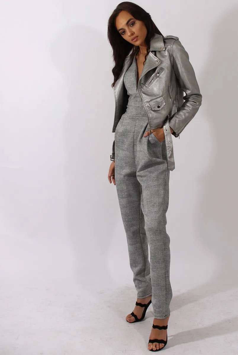 Grey Tweed Print Plunging Fitted Jumpsuit - Dubai