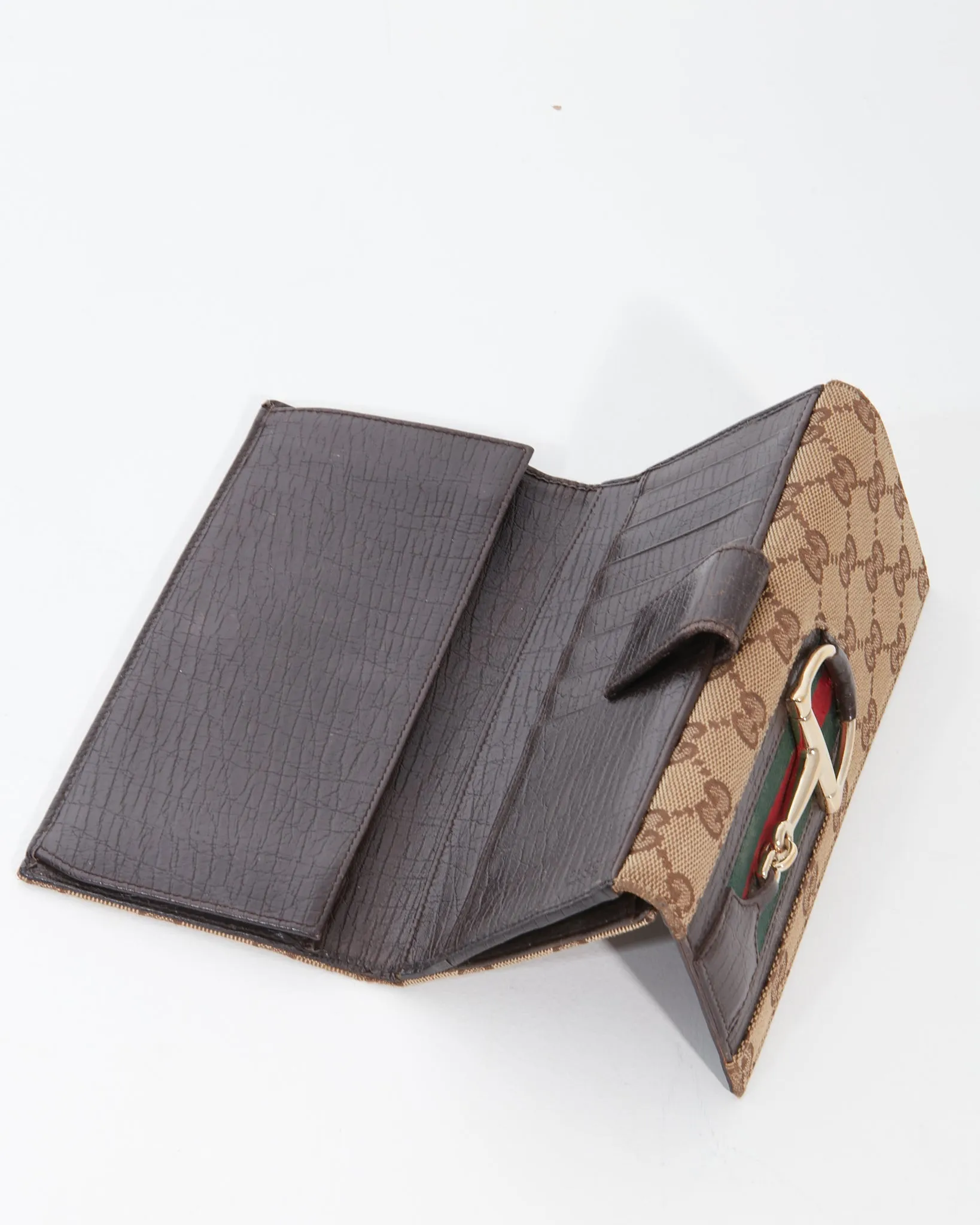 Gucci Brown GG Canvas Horsebit Gold Détail Flap Wallet
