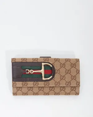 Gucci Brown GG Canvas Horsebit Gold Détail Flap Wallet
