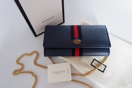 Gucci Ophidia Leather Continental Wallet On Chain in Blue