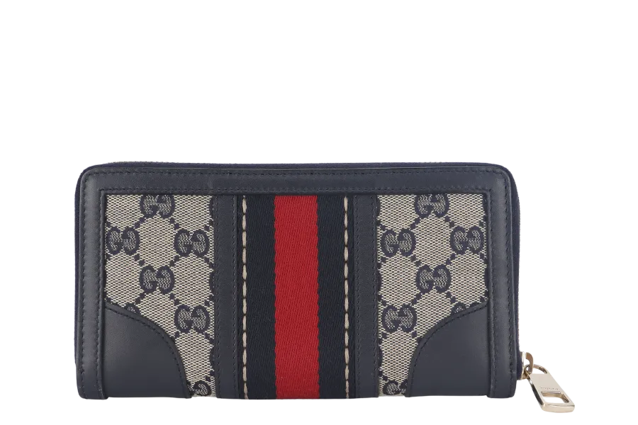 GUCCI WEB BEE ZIPPY WALLET DARK BLUE CANVAS CALF LEATHER GOLD HARDWARE WITH DUST COVER AND BOX