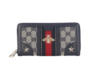 GUCCI WEB BEE ZIPPY WALLET DARK BLUE CANVAS CALF LEATHER GOLD HARDWARE WITH DUST COVER AND BOX
