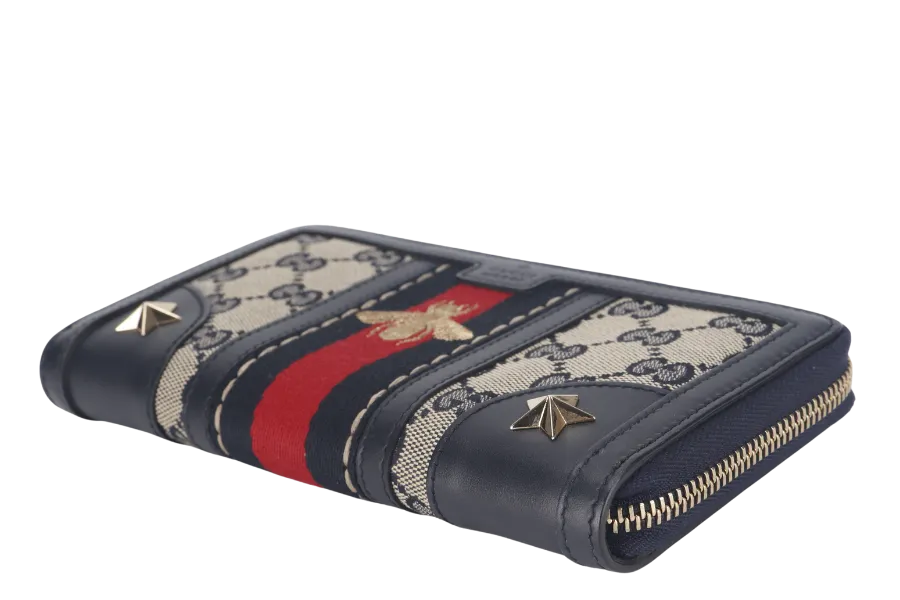 GUCCI WEB BEE ZIPPY WALLET DARK BLUE CANVAS CALF LEATHER GOLD HARDWARE WITH DUST COVER AND BOX