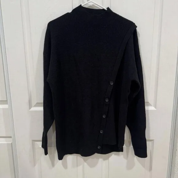 Halogen Women's Medium M Asymmetric Button Mock Neck Stitch Mix Sweater Black
