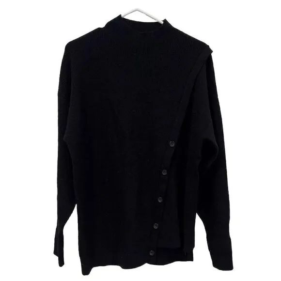 Halogen Women's Medium M Asymmetric Button Mock Neck Stitch Mix Sweater Black