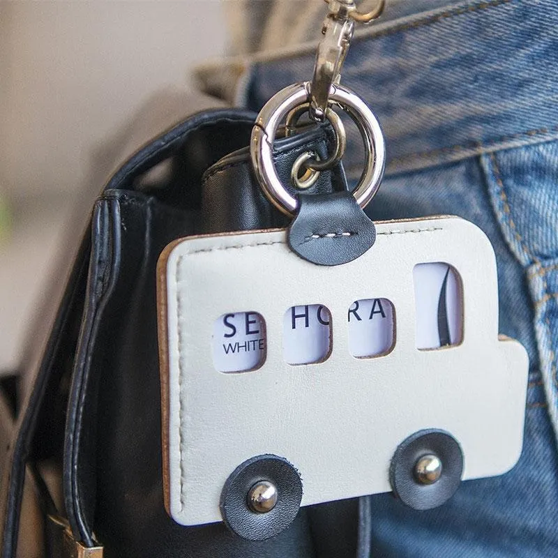HANDMADE LEATHER CUTE Women Bus CARD Holder Keychain PERSONALIZED MONOGRAMMED GIFT CUSTOM Bus Wallet Card Holder keyring