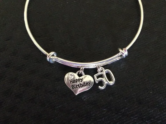 Happy 50th Birthday Expandable Charm Bracelets Adjustable Bangle Gift (Other Numbers Available)