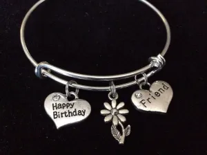 Happy Birthday Friend Silver Expandable Charm Bracelet Adjustable Wire Bangle